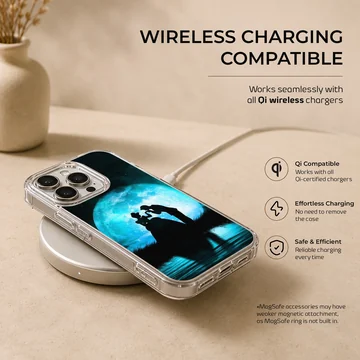 Cinderella silhouette standing before a glowing blue moon on a phone case — Charging