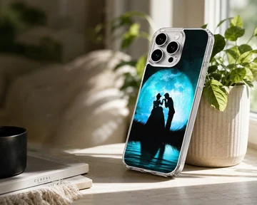 Cinderella silhouette standing before a glowing blue moon on a phone case — Lifestyle