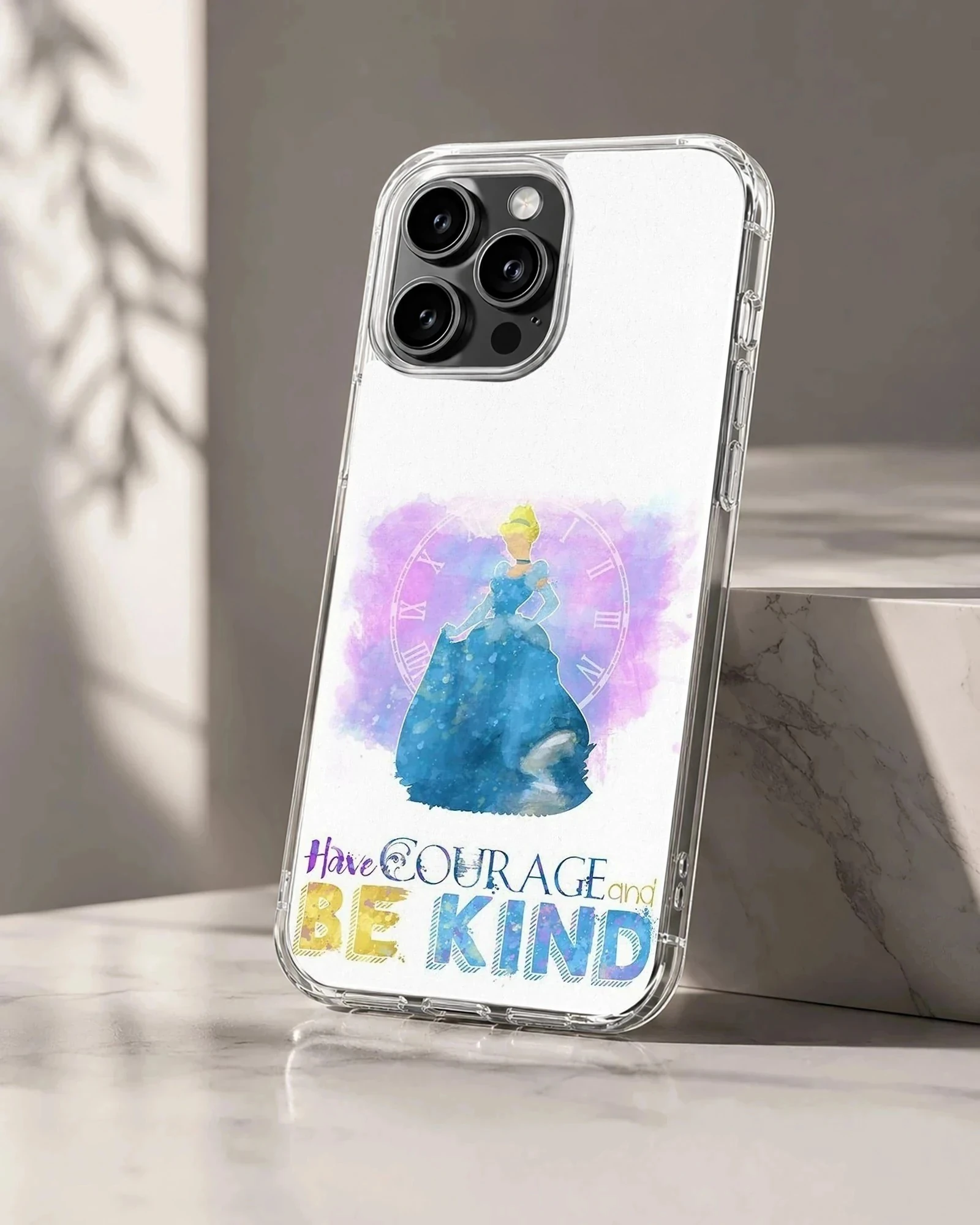 Cinderella silhouette in a blue dress with watercolor splash and inspirational quote on a phone case
