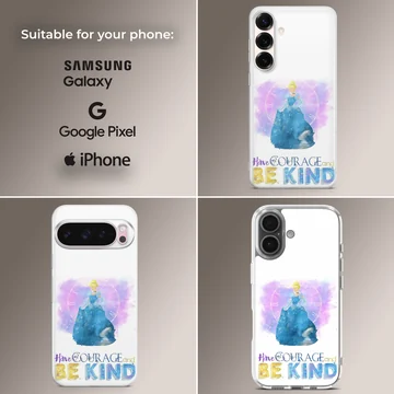 Cinderella silhouette in a blue dress with watercolor splash and inspirational quote on a phone case — Collage