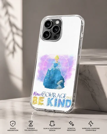 Cinderella silhouette in a blue dress with watercolor splash and inspirational quote on a phone case — Specs