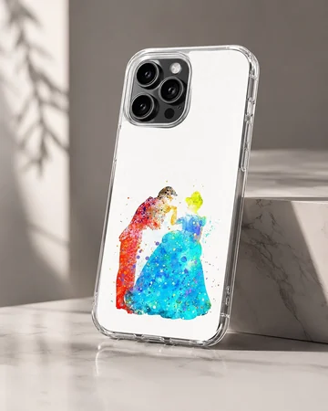 Watercolor painting of two dancers in blue and red splashes on a phone case — Hero