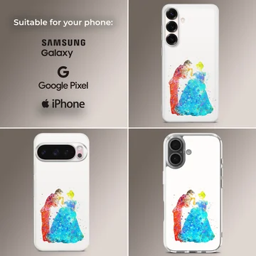 Watercolor painting of two dancers in blue and red splashes on a phone case — Collage