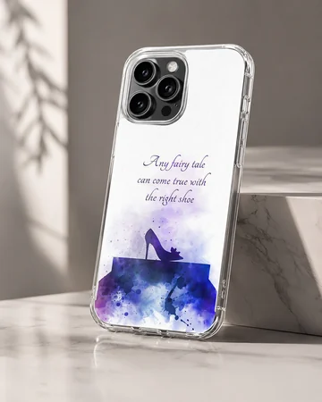Cinderella glass slipper silhouette in purple watercolor with script text phone case — Hero
