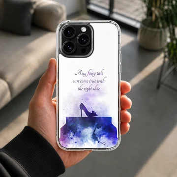 Cinderella glass slipper silhouette in purple watercolor with script text phone case — Lifestyle
