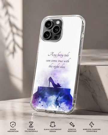 Cinderella glass slipper silhouette in purple watercolor with script text phone case — Specs