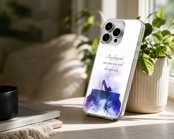 Cinderella glass slipper silhouette in purple watercolor with script text phone case — Lifestyle
