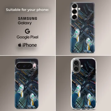 Overhead view of sneakers dangling above a city street on a phone case — Collage