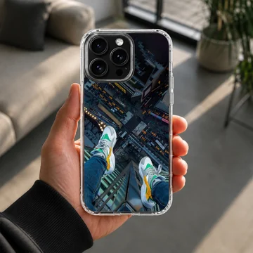 Overhead view of sneakers dangling above a city street on a phone case — Lifestyle