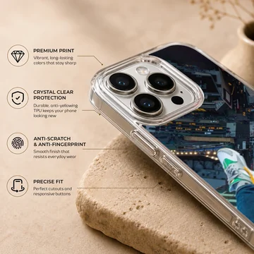 Overhead view of sneakers dangling above a city street on a phone case — Info