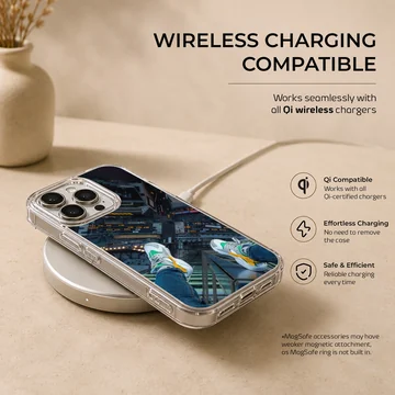 Overhead view of sneakers dangling above a city street on a phone case — Charging