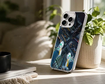 Overhead view of sneakers dangling above a city street on a phone case — Lifestyle