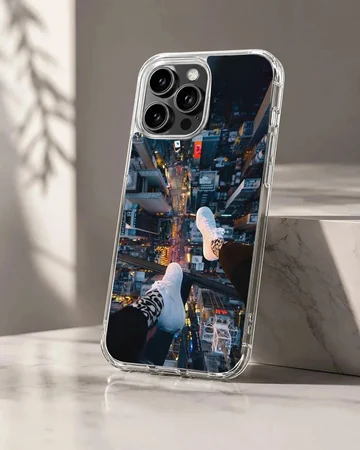 City View photograph of dangling feet overlooking a glowing urban metropolis from a high vantage point phone case