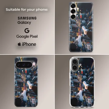 City View photograph of dangling feet overlooking a glowing urban metropolis from a high vantage point phone case — Collage