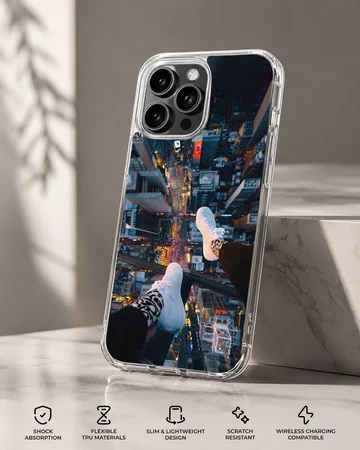 City View photograph of dangling feet overlooking a glowing urban metropolis from a high vantage point phone case — Specs