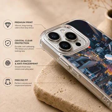 City View photograph of dangling feet overlooking a glowing urban metropolis from a high vantage point phone case — Info