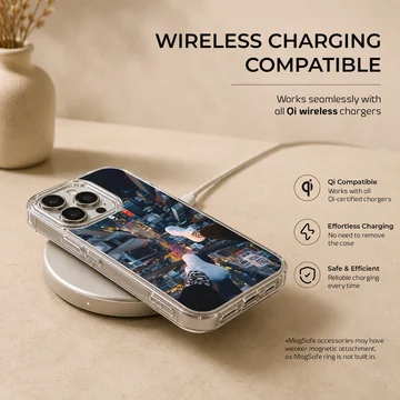 City View photograph of dangling feet overlooking a glowing urban metropolis from a high vantage point phone case — Charging