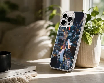 City View photograph of dangling feet overlooking a glowing urban metropolis from a high vantage point phone case — Lifestyle