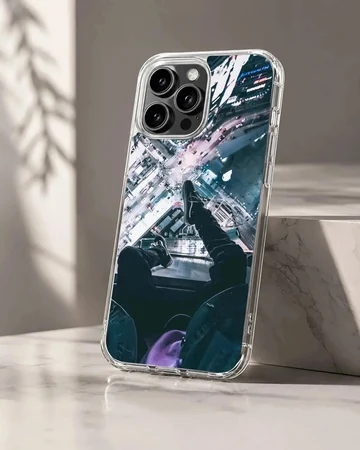 Urban rooftop view looking down at city lights and streets on a phone case
