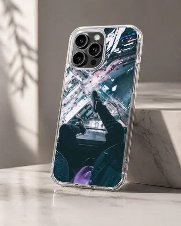 Urban rooftop view looking down at city lights and streets on a phone case — Hero