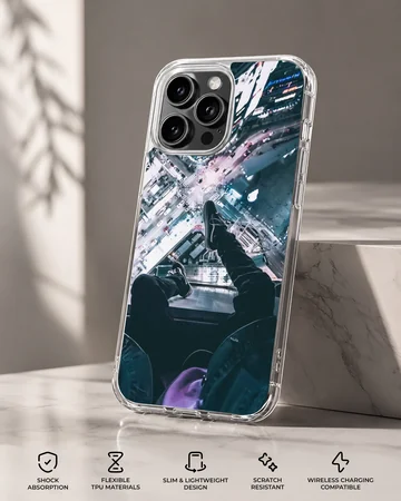 Urban rooftop view looking down at city lights and streets on a phone case — Specs