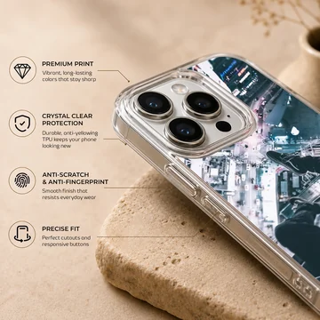 Urban rooftop view looking down at city lights and streets on a phone case — Info