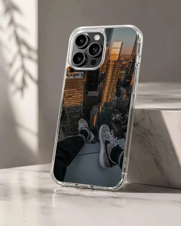 Aerial photograph of a towering city skyline from a high ledge, printed on a phone case