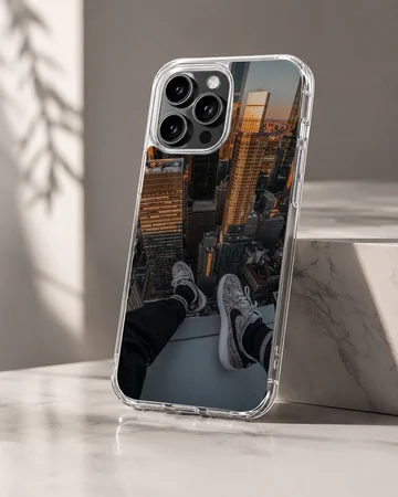 Aerial photograph of a towering city skyline from a high ledge, printed on a phone case — Hero