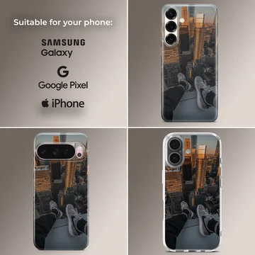 Aerial photograph of a towering city skyline from a high ledge, printed on a phone case — Collage