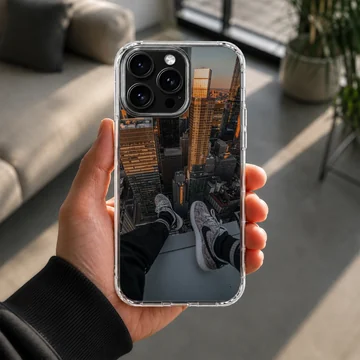 Aerial photograph of a towering city skyline from a high ledge, printed on a phone case — Lifestyle