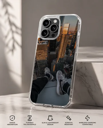 Aerial photograph of a towering city skyline from a high ledge, printed on a phone case — Specs