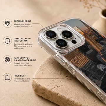 Aerial photograph of a towering city skyline from a high ledge, printed on a phone case — Info