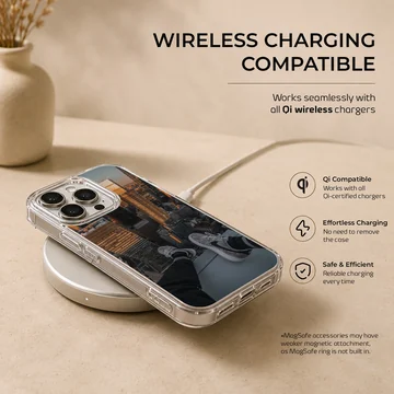 Aerial photograph of a towering city skyline from a high ledge, printed on a phone case — Charging