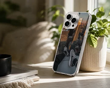 Aerial photograph of a towering city skyline from a high ledge, printed on a phone case — Lifestyle
