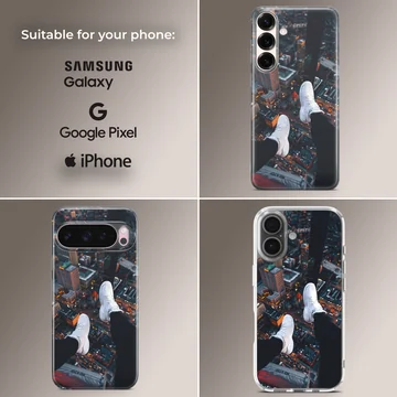 Overhead view of city skyline with dangling white sneakers over lit streets phone case — Collage