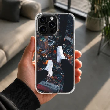 Overhead view of city skyline with dangling white sneakers over lit streets phone case — Lifestyle