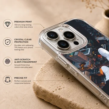 Overhead view of city skyline with dangling white sneakers over lit streets phone case — Info