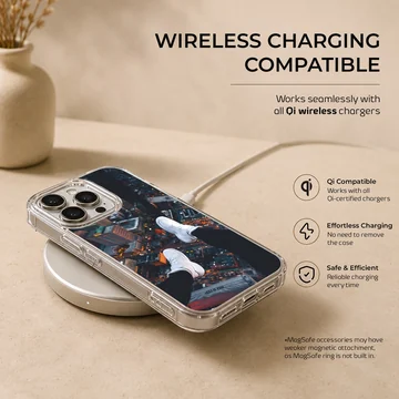 Overhead view of city skyline with dangling white sneakers over lit streets phone case — Charging