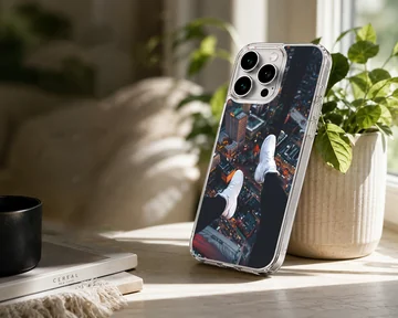 Overhead view of city skyline with dangling white sneakers over lit streets phone case — Lifestyle