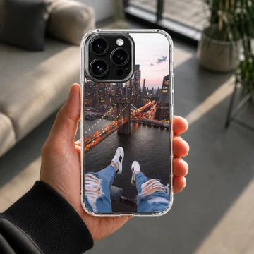 City view skyline perspective printed on a slim matte phone case — Lifestyle