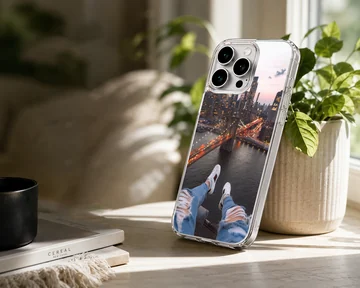 City view skyline perspective printed on a slim matte phone case — Lifestyle