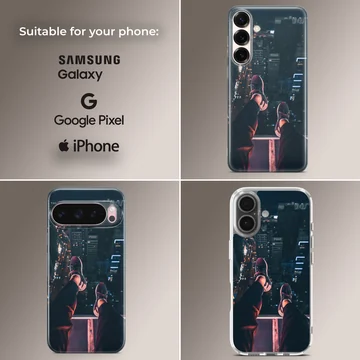 Urban photography of dangling legs overlooking a city at night on a phone case — Collage