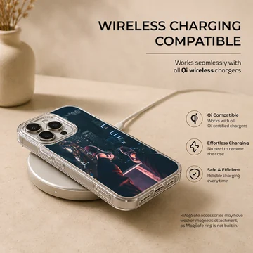 Urban photography of dangling legs overlooking a city at night on a phone case — Charging