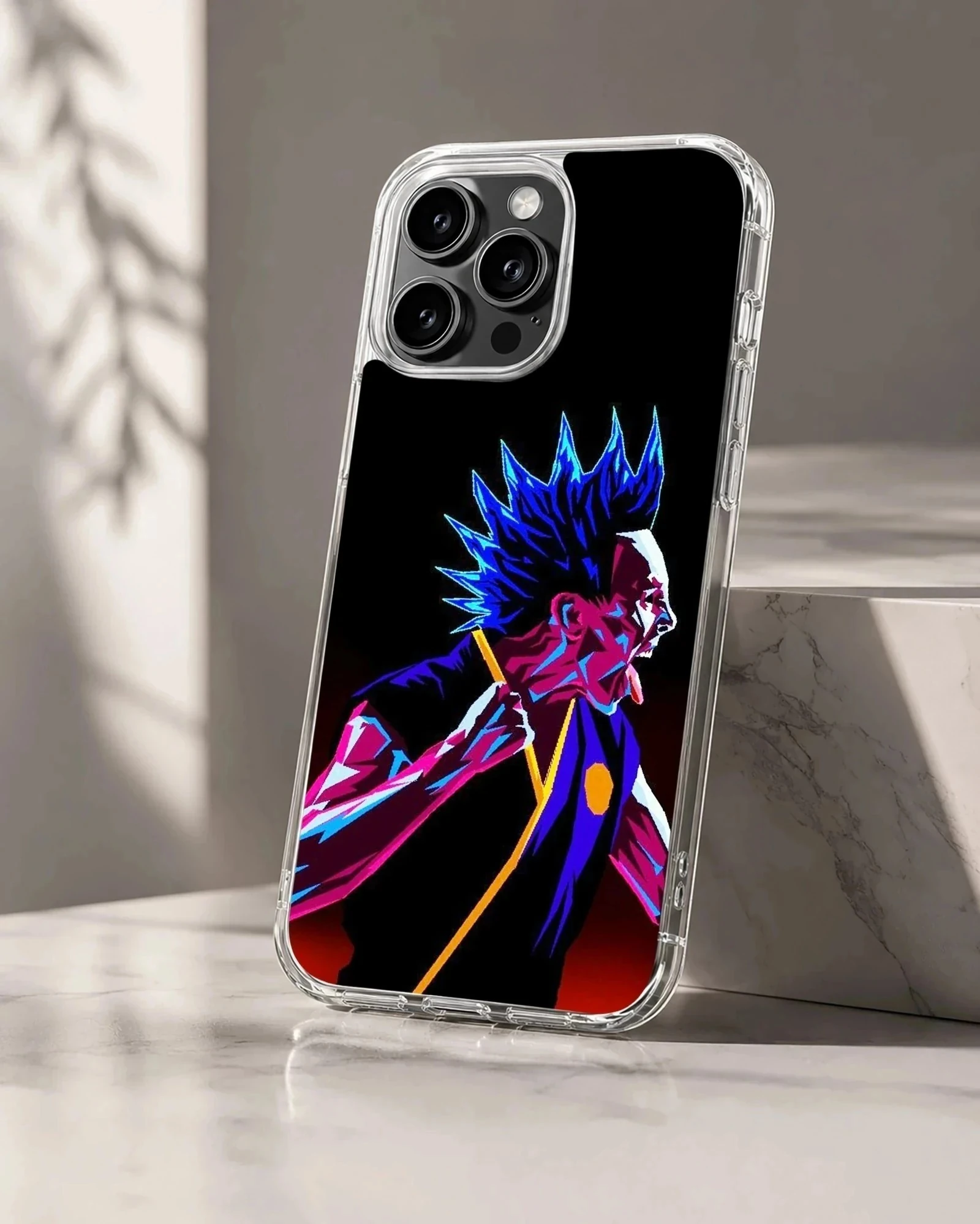 Cobra Kai character with a vibrant blue mohawk and neon art style phone case