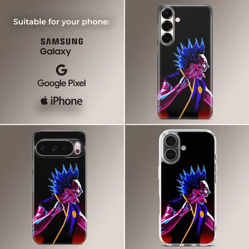 Cobra Kai character with a vibrant blue mohawk and neon art style phone case — Collage