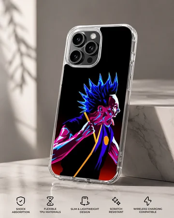 Cobra Kai character with a vibrant blue mohawk and neon art style phone case — Specs