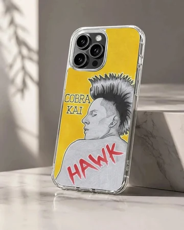 Cobra Kai Hawk character pencil style art on a yellow background phone case