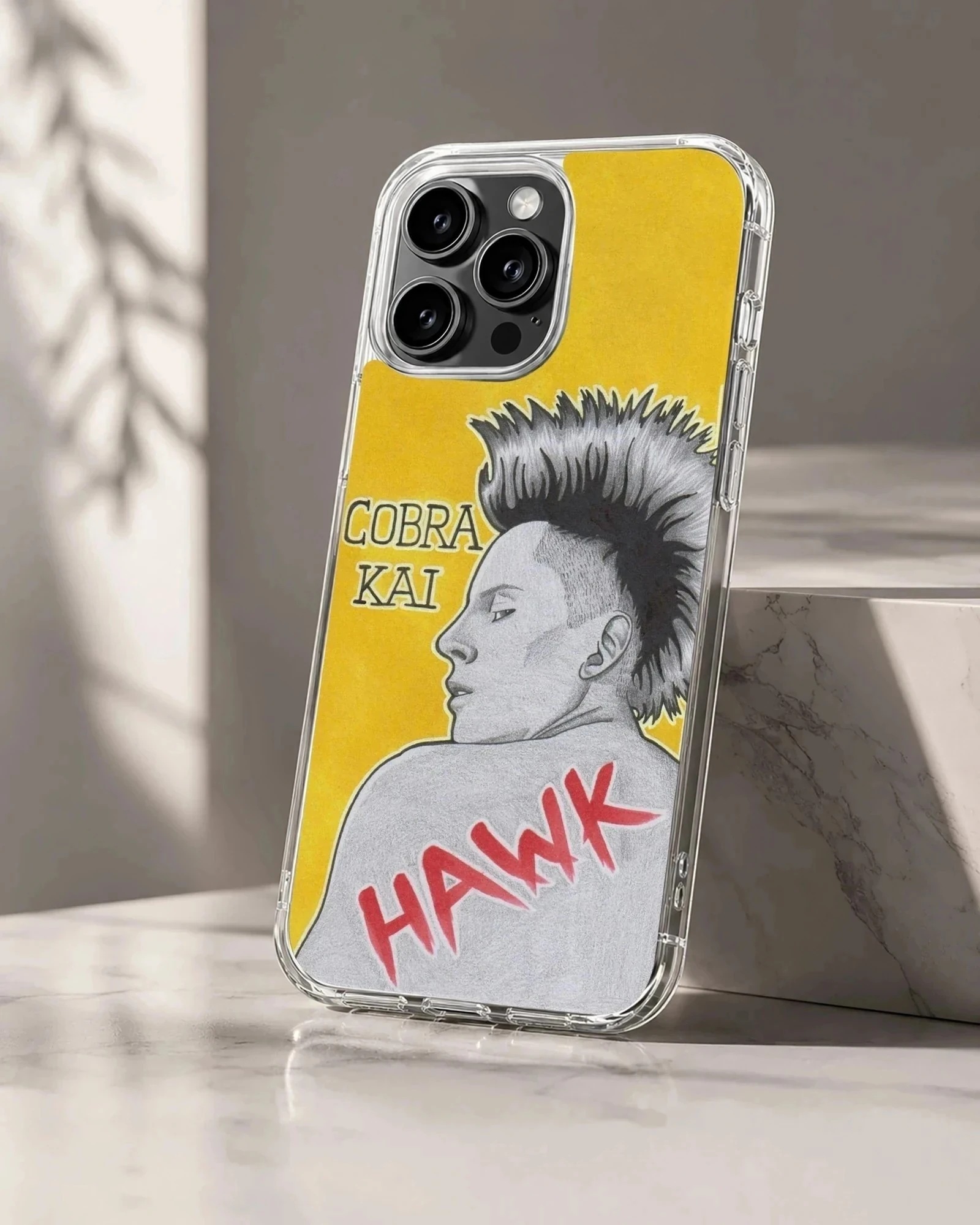 Cobra Kai Hawk character pencil style art on a yellow background phone case