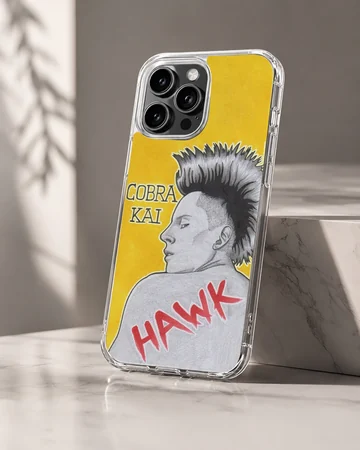 Cobra Kai Hawk character pencil style art on a yellow background phone case — Hero