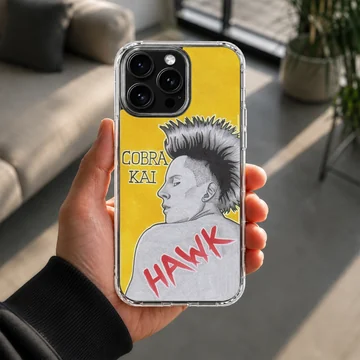 Cobra Kai Hawk character pencil style art on a yellow background phone case — Lifestyle